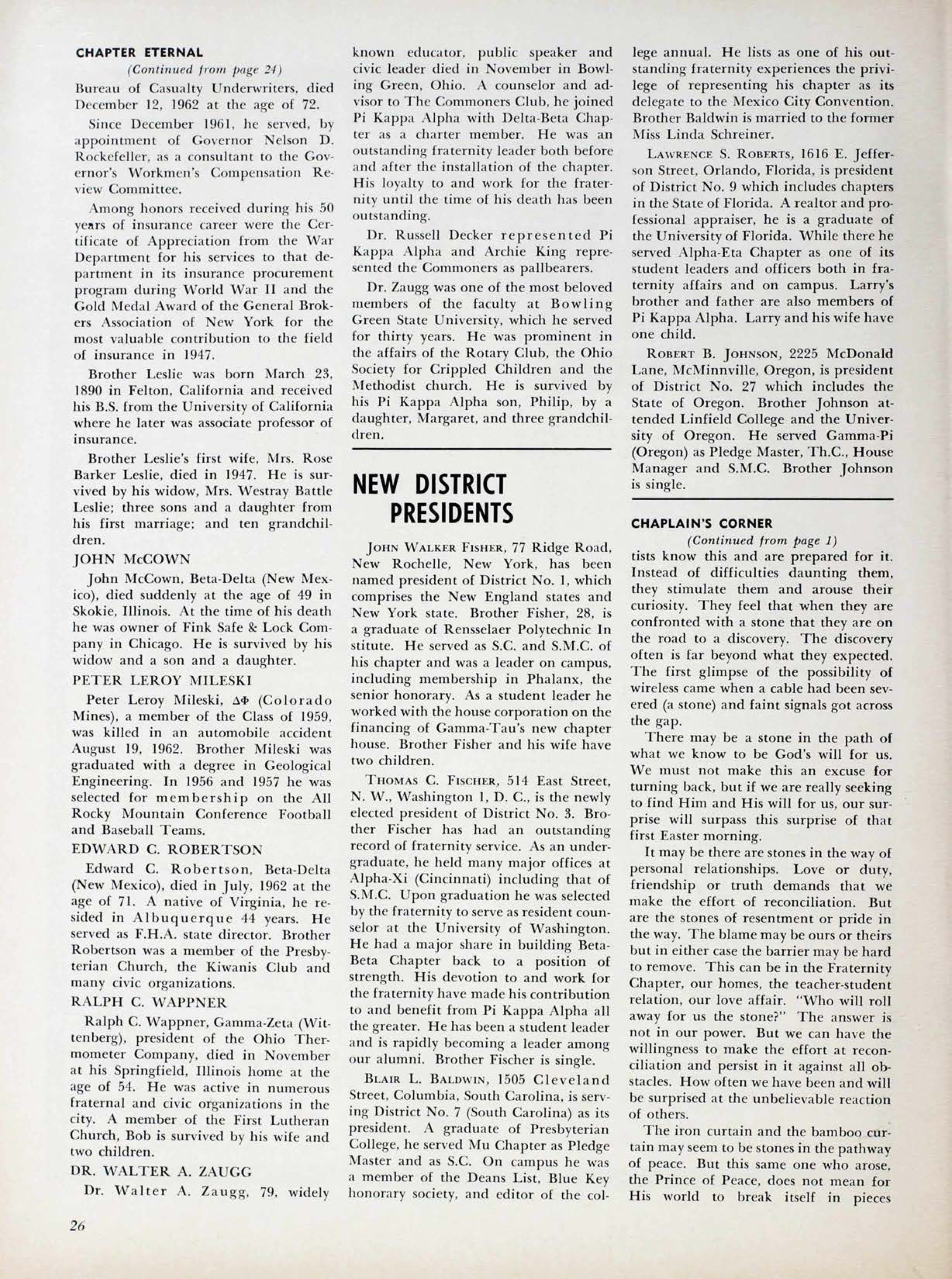 Chaplain's Corner, Continued, March 1963